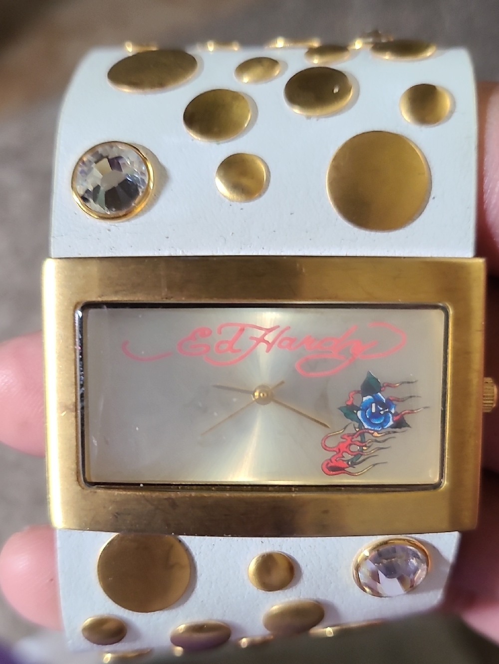 Ed Hardy White Leather Studded Watch with Gold Case and Crystal Accents
